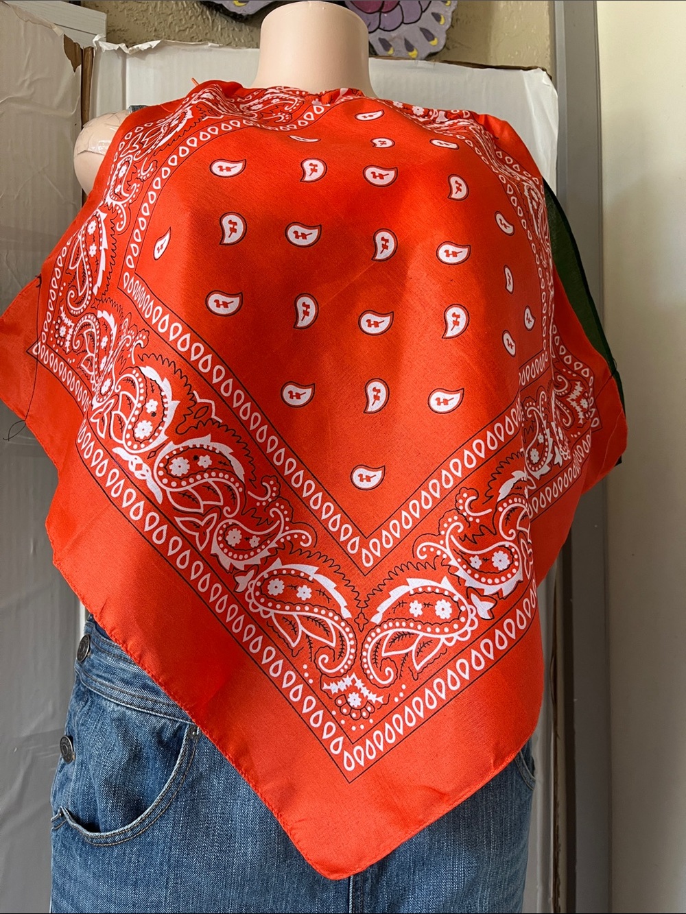 Bright Red Bandana top with orange on one side and green - Classic Paisley Print